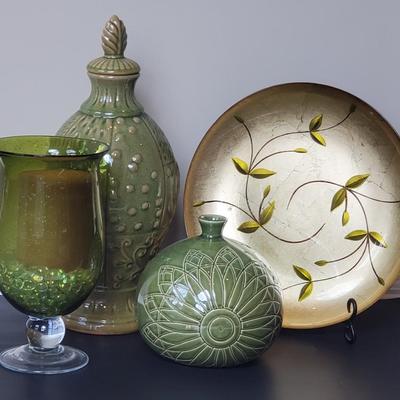 LOT 7G:  Decorative Green & Gold Plate, Ginger Jar, Green Bottle w/Floral Pattern & More