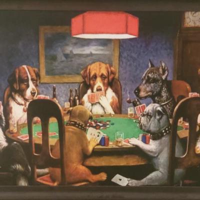 LOT 14G: Poker Playing Pups Framed Print & Wooden Game Room Sign (2pcs)