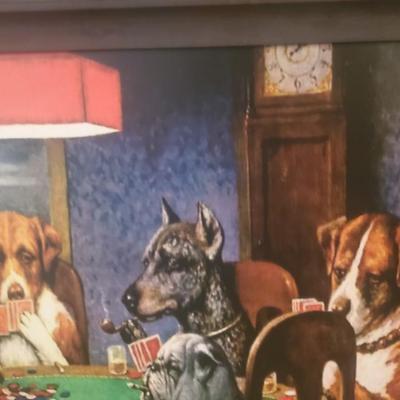 LOT 14G: Poker Playing Pups Framed Print & Wooden Game Room Sign (2pcs)