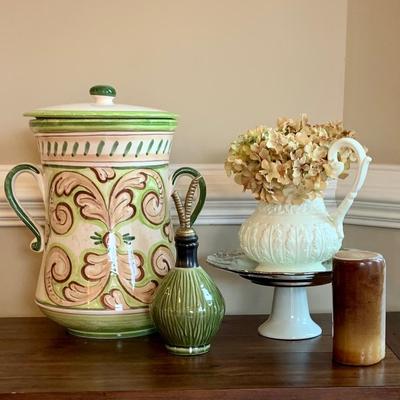 LOT 30R;  Apothecary Jar,  Made in Italy Pitcher, Pedestal Dessert Plate & More