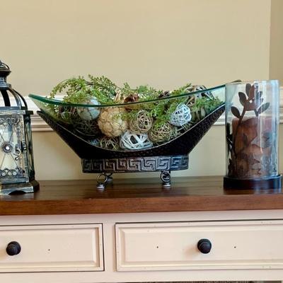 LOT 31R: Home Decor:  Oversized Glass & Metal Bowl, Tin Lantern & More