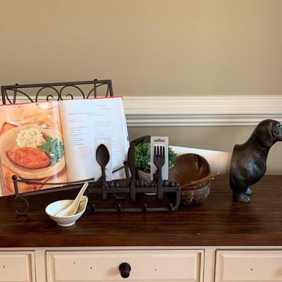 LOT 36: Kitchen Decor: Dachshund Paper Towel Holder, Metal Book Stand & More