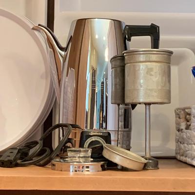 LOT 39: Entertaining Ware: Coffee Pot, Percolator, White Plastic Serving Pieces & More