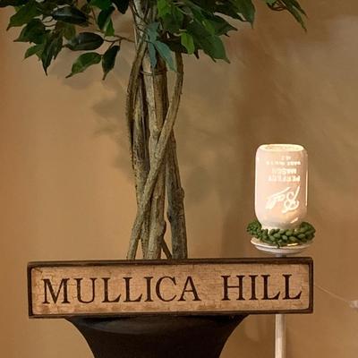 LOT 49R: Faux Tree, Mason Jar Accent Light & Wooden Mullica Hill Sign