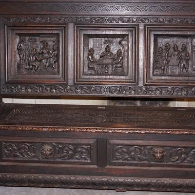 GRANDUER ANTIQUE ENGLISH DARK OAK LIFT TOP BENCH W/ EXCEPTIONAL CARVINGS