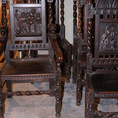 GRANDUER  ANTIQUE ENGLISH  DINING CHAIRS W/HEAVY CARVING OF OAK WOOD