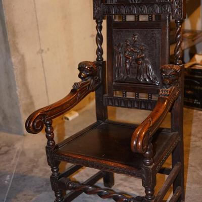 GRANDUER  ANTIQUE ENGLISH  DINING CHAIRS W/HEAVY CARVING OF OAK WOOD