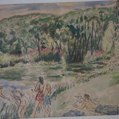 WALDO PEIRCE 1884-1970 WATERCOLOR "MAXWELL ANDERSONS SWIMMING  POOL"