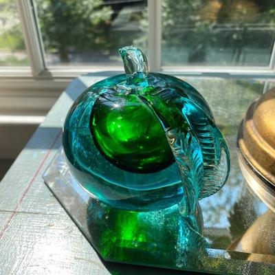 Mid Century Murano Glass Apple Paperweight Aqua and Green