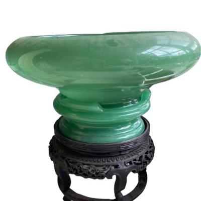 Antique Chinese Apple Green 2p Bowl on Stand with Black Pedestal