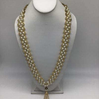 Faux Pearl and Gold Beaded Tasseled Necklace