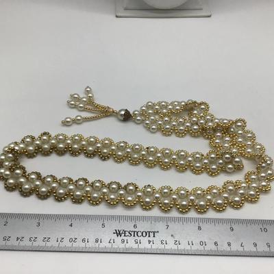 Faux Pearl and Gold Beaded Tasseled Necklace