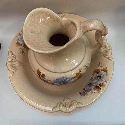 HAEGER ROYAL PITCHER & BOWL PURPLE BLUE FLOWER - 10â€ wide bowl & 8â€ high pitcher