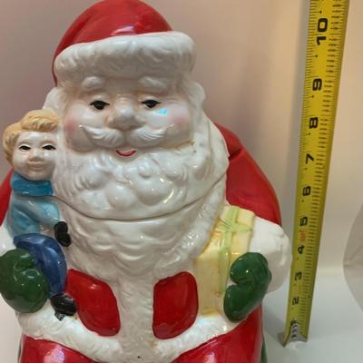 Earthenware Christmas Village Santa Cookie Jar - 10.5â€ tall x 8â€ wide x 8â€ deep approx