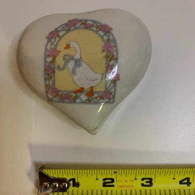 Country Geese & Flowers Heart Trinket Box â€“ Goose with Blue Ribbon Bows â€“ Vintage Porcelain Heart Jewelry Box - 3â€ wide x 3â€...