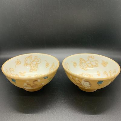 2 SCHEN MADE IN JAPAN PORCELAIN CHILDS RICE BOWLS MONKEY Fun - 4â€ diameter x 2â€ high approx