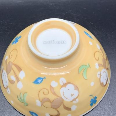 2 SCHEN MADE IN JAPAN PORCELAIN CHILDS RICE BOWLS MONKEY Fun - 4â€ diameter x 2â€ high approx