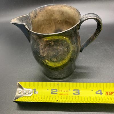 2 Small Pitchers - Vintage Paul Revere Reproduction & Green Glass EPNS Denmark - each 3.5â€ high x 3.5â€ wide approx