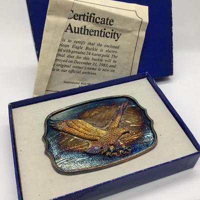 Old Vtg Collectible Gold Plated Eagle Belt Buckle Pre 1983 BZF 026439 In Box