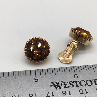 ðŸ¥°Vintage Made in Austria Gold Tone Amber Yellow Rhinestone Clip On Earrings