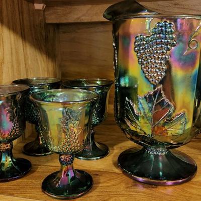 Indiana Carnival Glass Grape and Leaf Pitcher & 4 Cups