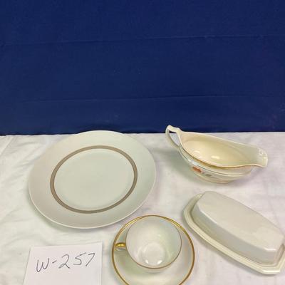 Gravy Boat, Butter Dish, Dinner Plate and Coffee Cup