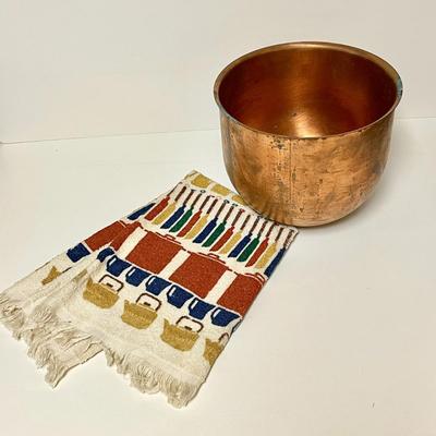 LOT 238  COPPER MIXING BOWL & VINTAGE KITCHEN TOWEL