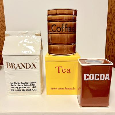 LOT 243  VINTAGE KITCHEN CERAMIC CANISTERS BETTY ST JOHN BRAND X COFFEE TEA COCOA SHAFFORD
