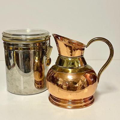 LOT 246  CHROME CANNISTER & COPPER/BRASS PITCHER BELGIUM
