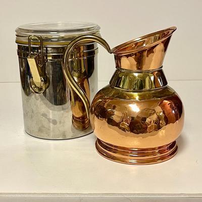 LOT 246  CHROME CANNISTER & COPPER/BRASS PITCHER BELGIUM