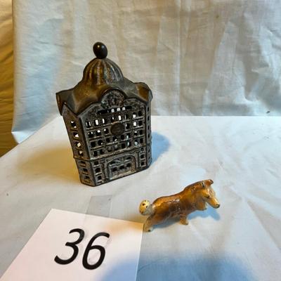 Antique CI Coin Bank, Bank Building.  CI dog figure