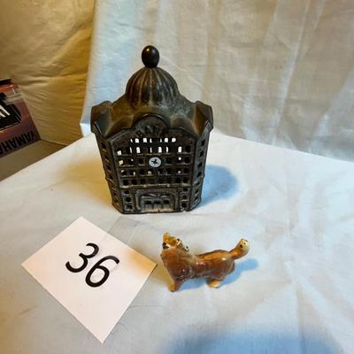 Antique CI Coin Bank, Bank Building.  CI dog figure