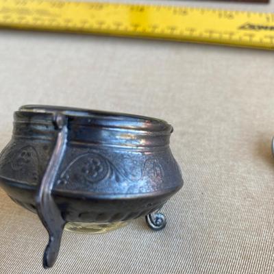Antique silver and glass salt dish with spoon
