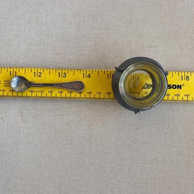 Antique silver and glass salt dish with spoon