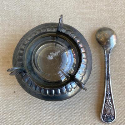Antique silver and glass salt dish with spoon