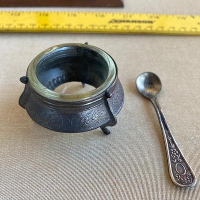 Antique silver and glass salt dish with spoon