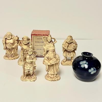 LOT 254  CHINESE RESIN FIGURES JAPANESE KANA CARDS COBALT BLUE POTTERY