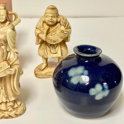 LOT 254  CHINESE RESIN FIGURES JAPANESE KANA CARDS COBALT BLUE POTTERY