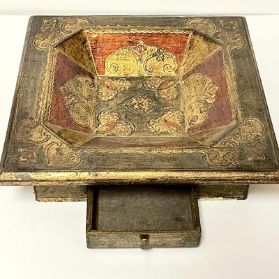 LOT 255  VINTAGE FLORENTINE RED & GOLD PAINTED WOOD DISH ITALIAN HIDDEN DRAWER
