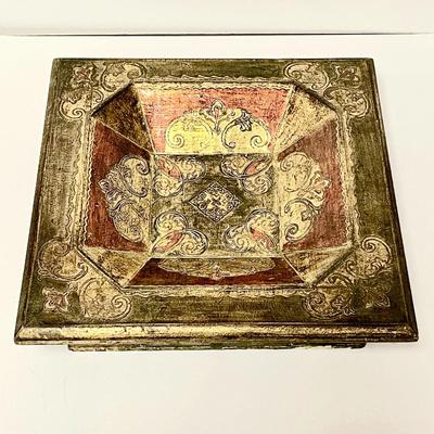 LOT 255  VINTAGE FLORENTINE RED & GOLD PAINTED WOOD DISH ITALIAN HIDDEN DRAWER