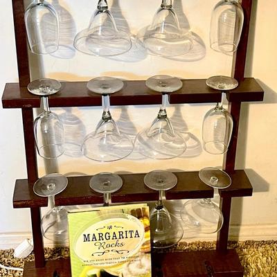 LOT 259   HANGING WOOD RACK HOLD STEMWARE w/MARGARITA GLASSES & DRINK BOOK