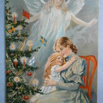 Christmas Postcard with Mother and Child with Angle in background