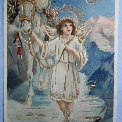 Embossed Christmas Postcard with Angel Leading Horse