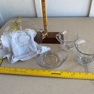 Glass sugar and creamer and serving dishes