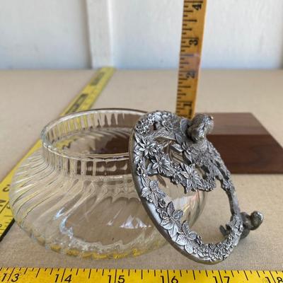 Glass bowl with pewter rabbits playing lid