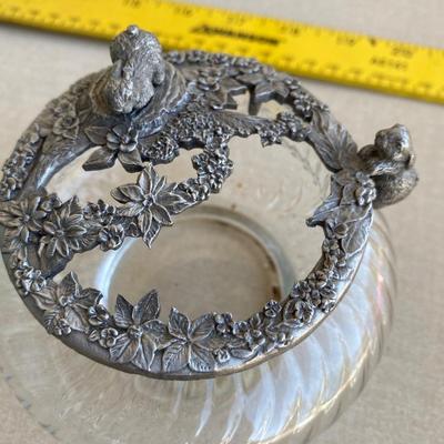Glass bowl with pewter rabbits playing lid