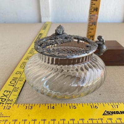 Glass bowl with pewter rabbits playing lid