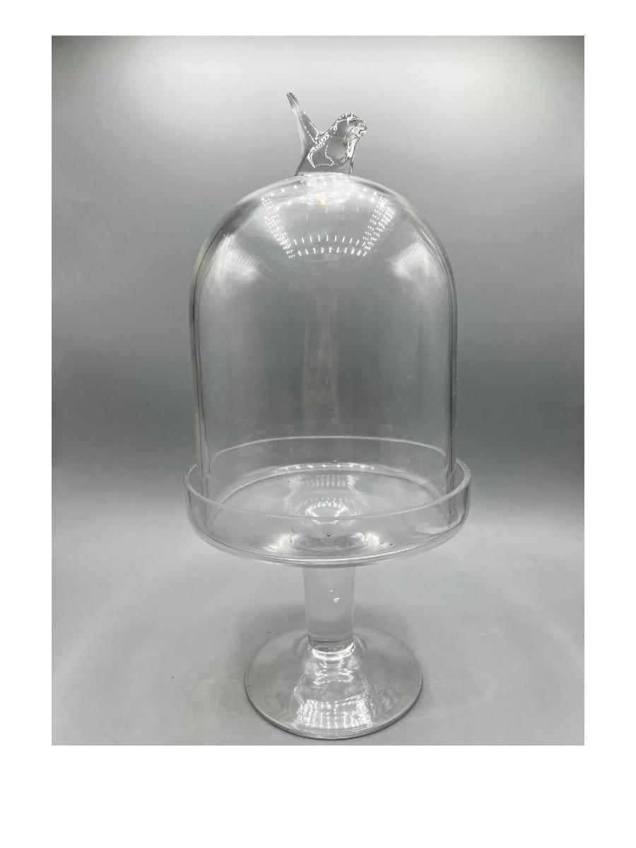Glass Display Pedestal Stand with Baby Bird Handle Dome Lid