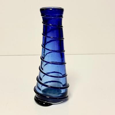 LOT 269  VINTAGE ART GLASS COBALT BLUE W/SPIRAL APPLIED RIBBON SIGNED LELOS 88