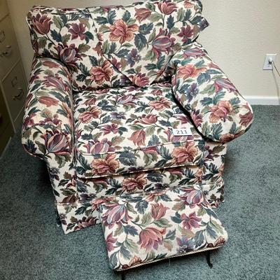 Floral Print Overstuffed chair w/ vintage foot stool